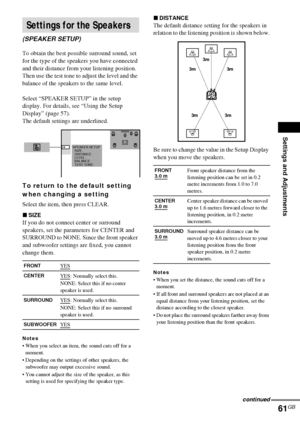 Page 61Settings and Adjustments
61GB
To obtain the best possible surround sound, set 
for the type of the speakers you have connected 
and their distance from your listening position. 
Then use the test tone to adjust the level and the 
balance of the speakers to the same level.
Select “SPEAKER SETUP” in the setup 
display. For details, see “Using the Setup 
Display” (page 57).
The default settings are underlined.
To return to the default setting 
when changing a setting
Select the item, then press CLEAR....