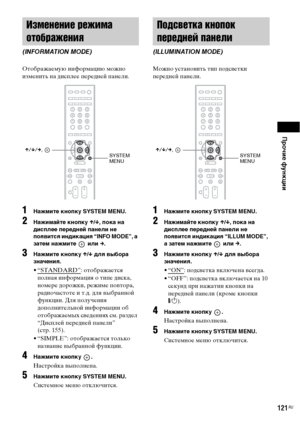 Page 121Прочие функции
121RU
Отображаемую информацию можно 
изменить на дисплее передней панели.
1Нажмите кнопку SYSTEM MENU.
2Нажимайте кнопку X/x, пока на 
дисплее передней панели не 
появится индикация “INFO MODE”, а 
затем нажмите   или c.
3Нажмите кнопку X/x для выбора 
значения.
•“STANDARD”: отображается 
полная информация о типе диска, 
номере дорожки, режиме повтора, 
радиочастоте и т.д. для выбранной 
функции. Для получения 
дополнительной информации об 
отображаемых сведениях см. раздел 
“Дисплей...