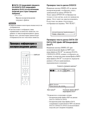 Page 124124RU
xDATA CD (видеофайл формата 
DivX)/DATA DVD (видеофайл 
формата DivX) (за исключением 
моделей для стран Северной 
Америки)
• **:**:**
Время воспроизведения 
текущего файла
• Символы/знаки в некоторых языках могут не 
отображаться.
• Система может отображать лишь 
ограниченное количество символов, что 
зависит от типа воспроизводимого диска. 
Кроме того, для некоторых дисков будут 
отображаться не все текстовые символы.
Проверка текста диска DVD/CD
Нажимая кнопку DISPLAY во время 
воспроизведения,...