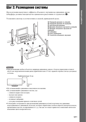Page 1717RU
Начало работыШаг 2: Размещение системы
Для получения наилучшего эффекта объемного звучания все динамики, кроме 
сабвуфера, должны находиться на одинаковом расстоянии от слушателя (A).
Установите систему в соответствии со схемой, приведенной далее.
• При размещении любых объектов, например динамиков, рядом с блоком управления оставьте 
место для загрузки/извлечения диска (приблизительно 15 см) с правой стороны (гнездо для диска) 
от блока.
• Не устанавливайте динамики в наклонном положении.
• Не...