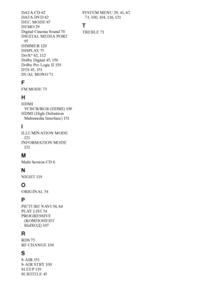 Page 164164RU
DATA  C D  6 2
DATA  DV D  6 2
DEC. MODE 67
DEMO 29
Digital Cinema Sound 70
DIGITAL MEDIA PORT 
95
DIMMER 120
DISPLAY 75
DivX® 62, 112
Dolby Digital 45, 150
Dolby Pro Logic II 150
DTS 45, 151
DUAL MONO 71
F
FM MODE 73
H
HDMI
YCBCR/RG (HDMI) 109
HDMI (High-Definition 
Multimedia Interface) 151
I
ILLUMINATION MODE 
121
INFORMATION MODE 
121
M
Multi Session CD 8
N
NIGHT 119
O
ORIGINAL 54
P
PICTURE NAVI 58, 84
PLAY LIST 54
PROGRESSIVE 
(КОМПОНЕНТ 
ВЫХОД) 107
R
RDS 75
RF CHANGE 104
S
S-AIR 151
S-AIR...