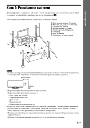 Page 18117UA
Початок роботиКрок 2: Розміщення системи
Для найкращого можливого об’ємного звуку всі динаміки крім сабвуфера мають бути 
розміщені на рівній відстані від точки прослуховування (A).
Розташуйте елементи системи згідно схемі, наведеної нижче.
Примітка• Залиште простір для завантаження та виймання диска (близько 15 см) з правого боку (дисковод) 
блока керування, якщо поруч розташовується якийсь предмет, наприклад динамік.
• Не розташовуйте динаміки у нахиленому положенні.
• Не розташовуйте динаміки у...