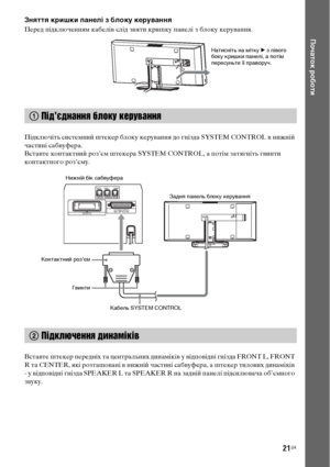 Page 18521UA
Початок роботи
Зняття кришки панелі з блоку керування
Перед підключенням кабелів слід зняти кришку панелі з блоку керування.
Підключіть системний штекер блоку керування до гнізда SYSTEM CONTROL в нижній 
частині сабвуфера.
Вставте контактний роз’єм штекера SYSTEM CONTROL, а потім затягніть гвинти 
контактного роз’єму.
Вставте штекер передніх та центральних динаміків у відповідні гнізда FRONT L, FRONT 
R та CENTER, які розташовані в нижній частині сабвуфера, а штекер тилових динаміків 
- у відповідні...