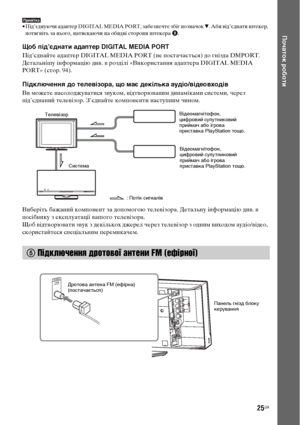 Page 18925UA
Початок роботи
Примітка• Під’єднуючи адаптер DIGITAL MEDIA PORT, забезпечте збіг позначок V. Аби від’єднати штекер, 
потягніть за нього, натискаючи на обидві сторони штекера B.
Щоб під’єднати адаптер DIGITAL MEDIA PORT
Під’єднайте адаптер DIGITAL MEDIA PORT (не постачається) до гнізда DMPORT. 
Детальнішу інформацію див. в розділі «Використання адаптера DIGITAL MEDIA 
PORT» (стор. 94).
Підключення до телевізора, що має декілька аудіо/відеовходів
Ви можете насолоджуватися звуком, відтворюваним...