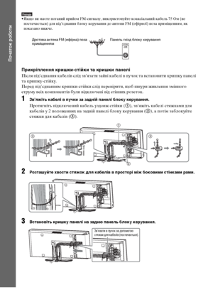 Page 19026UA
Початок роботи
Порада• Якщо ви маєте поганий прийом FM-сигналу, використовуйте коаксіальний кабель 75 Ом (не 
постачається) для під’єднання блоку керування до антени FM (ефірної) поза приміщенням, як 
показано нижче.
Прикріплення кришки-стійки та кришки панелі
Після під’єднання кабелів слід зв’язати зайві кабелі в пучок та встановити кришку панелі 
та кришку-стійку.
Перед під’єднанням кришки-стійки слід перевірити, щоб шнури живлення змінного 
струму всіх компонентів були відключені від стінних...