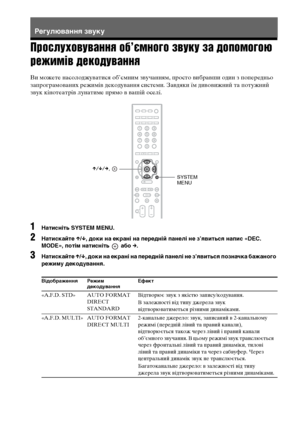 Page 23066UA
Прослуховування об’ємного звуку за допомогою 
режимів декодування
Ви можете насолоджуватися об’ємним звучанням, просто вибравши один з попередньо 
запрограмованих режимів декодування системи. Завдяки їм дивовижний та потужний 
звук кінотеатрів лунатиме прямо в вашій оселі.
1Натисніть SYSTEM MENU.
2Натискайте X/x, доки на екрані на передній панелі не з’явиться напис «DEC. 
MODE», потім натисніть   або c.
3Натискайте X/x, доки на екрані на передній панелі не з’явиться позначка бажаного 
режиму...