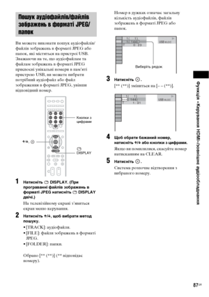 Page 251Функція «Керування HDMI»/зовнішнє аудіообладнання
87UA
Ви можете виконати пошук аудіофайлів/
файлів зображень в форматі JPEG або 
папок, які містяться на пристрої USB. 
Зважаючи на те, що аудіофайлам та 
файлам зображень в форматі JPEG 
присвоєні унікальні номери в пам’яті 
пристрою USB, ви можете вибрати 
потрібний аудіофайл або файл 
зображення в форматі JPEG, увівши 
відповідний номер.
1Натисніть   DISPLAY. (При 
програванні файлів зображень в 
форматі JPEG натисніть   DISPLAY 
двічі.)
На...