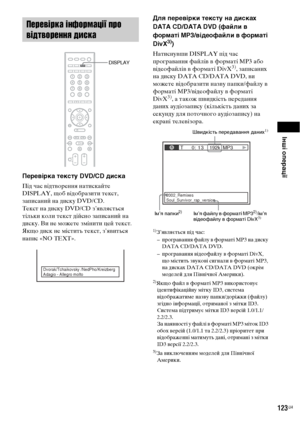 Page 287Інші операції
123UA
Перевірка тексту DVD/CD диска
Під час відтворення натискайте 
DISPLAY, щоб відобразити текст, 
записаний на диску DVD/CD.
Текст на диску DVD/CD з’являється 
тільки коли текст дійсно записаний на 
диску. Ви не можете змінити цей текст. 
Якщо диск не містить текст, з’явиться 
напис «NO TEXT».
Для перевірки тексту на дисках 
DATA CD/DATA DVD (файли в 
форматі MP3/відеофайли в форматі 
DivX
3))
Натиснувши DISPLAY під час 
програвання файлів в форматі MP3 або 
відеофайлів в форматі DivX...