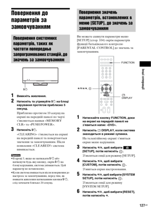 Page 291Інші операції
127UA
Повернення до 
параметрів за 
замовчуванням
1Вимкніть живлення.
2Натисніть та утримуйте "/1 на блоці 
керування протягом приблизно 5 
секунд.
Приблизно протягом 10 секунд на 
екрані на передній панелі по черзі 
з’являються написи «MEMORY 
CLR» та «PUSH POWER».
3Натисніть "/1.
«CLEARING» з’являється на екрані 
на передній панелі та повертаються 
значення за замовчуванням. Після 
появлення «CLEARED!» система 
вимикається.
Примітка• В кроці 3, якщо не натискати [/1 або 
натиснути...