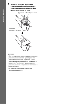 Page 3232RU
Начало работы
2Вставьте выступы держателя 
кабеля динамика в пазы крышки 
кабеля динамика и зафиксируйте 
держатель, нажав на него.
• При отсоединении снимите держатель кабеля 
динамика, затем снимите крышку кабеля 
динамика. Чтобы снять держатель кабеля 
динамика, надавите на защелку держателя и 
выньте его. Чтобы снять крышку кабеля 
динамика, немного раздвиньте края крышки и 
сдвиньте ее вниз.
• Не прилагайте излишние усилия при 
укладывании кабелей.
Держатель кабелей динамиков
Усилитель...