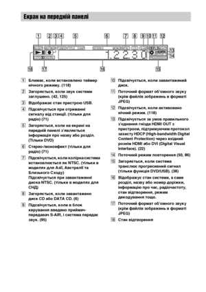 Page 316152UA
AБлимає, коли встановлено таймер 
нічного режиму. (118)
BЗагоряється, коли звук системи 
заглушено. (42, 125)
CВідображає стан пристрою USB.
DПідсвічується при отриманні 
сигналу від станції. (тільки для 
радіо) (71)
EЗагоряється, коли на екрані на 
передній панелі з’являється 
інформація про назву або розділ. 
(Тільки DVD)
FСтерео-/моноефект (тільки для 
радіо) (71)
GПідсвічується, коли колірна система 
встановлюється як NTSC. (тільки в 
моделях для Азії, Австралії та 
Близького Сходу)...