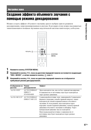 Page 67Настройка звука
67RU
Создание эффекта объемного звучания с 
помощью режима декодирования
Можно создать эффект объемного звучания, просто выбрав один из режимов 
декодирования, запрограммированных в системе. Благодаря этому можно наслаждаться 
захватывающим и мощным звучанием акустической системы кинотеатра у себя дома.
1Нажмите кнопку SYSTEM MENU.
2Нажимайте кнопку X/x, пока на дисплее передней панели не появится индикация 
“DEC. MODE”, а затем нажмите кнопку   или c.
3Нажимайте кнопку X/x, пока на...