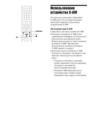 Page 9696RU
Использование 
устройства S-AIR
Эта система совместима с функцией 
S-AIR (стр. 151), которая позволяет 
выполнять передачу звука между 
устройствами S-AIR. 
Об устройствах S-AIR
Существует два вида устройств S-AIR.
• Основное устройство S-AIR (блок 
управления и сабвуфер в этой системе): 
используется для передачи звука. 
Можно использовать до трех основных 
устройств S-AIR. (Количество 
используемых основных устройств 
S-AIR зависит от среды.)
• Дополнительное устройство S-AIR 
(усилитель объемного...