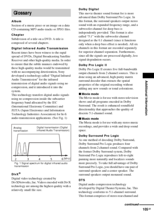 Page 105Additional Information
105GB
Album
Section of a music piece or an image on a data 
CD containing MP3 audio tracks or JPEG files.
Chapter
Subdivision of a title on a DVD. A title is 
composed of several chapters.
Digital Infrared Audio Transmission
Recent times have been witness to the rapid 
spread of DVDs, Digital Broadcasting Satellite 
Receiver and other high-quality media. In order 
to ensure that the subtle nuances endowed by 
these high-quality media would be transmitted 
with no accompanying...