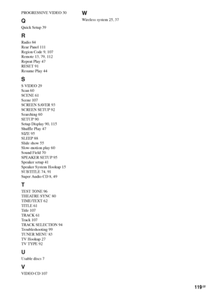 Page 119119GB
PROGRESSIVE VIDEO 30
Q
Quick Setup 39
R
Radio 84
Rear Panel 111
Region Code 9, 107
Remote 13, 79, 112
Repeat Play 47
RESET 91
Resume Play 44
S
S VIDEO 29
Scan 60
SCENE 61
Scene 107
SCREEN SAVER 93
SCREEN SETUP 92
Searching 60
SETUP 90
Setup Display 90, 115
Shuffle Play 47
SIZE 95
SLEEP 88
Slide show 55
Slow-motion play 60
Sound Field 70
SPEAKER SETUP 95
Speaker setup 41
Speaker System Hookup 15
SUBTITLE 74, 91
Super Audio CD 8, 49
T
TEST TONE 96
THEATRE SYNC 80
TIME/TEXT 62
TITLE 61
Title 107
TRACK...