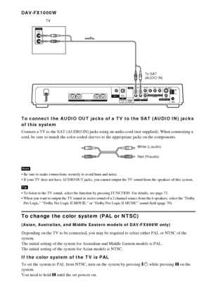 Page 3232GB
DAV-FX1000W
To connect the AUDIO OUT jacks of a TV to the SAT (AUDIO IN) jacks 
of this system
Connect a TV to the SAT (AUDIO IN) jacks using an audio cord (not supplied). When connecting a 
cord, be sure to match the color-coded sleeves to the appropriate jacks on the components.
 Be sure to make connections securely to avoid hum and noise.
 If your TV does not have AUDIO OUT jacks, you cannot output the TV sound from the speakers of this system.
 To listen to the TV sound, select the function...