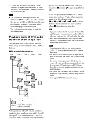 Page 5252GB
* “Design rule for Camera File system”: Image 
standards for digital cameras regulated by Japan 
Electronics and Information Technology Industries 
Association (JEITA).
 The system will play any data with the 
extension “.MP3,” “.JPG,” or “.JPEG” even if 
they are not in MP3 or JPEG format. Playing 
this data may generate a loud noise which 
could damage your speaker system.
 The system does not conform to audio in 
MP3PRO format.
Playback order of MP3 audio 
tracks or JPEG image files
The...