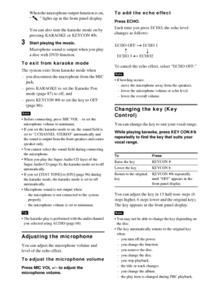 Page 8686GB
When the microphone output function is on, 
“   ” lights up in the front panel display.
You can also turn the karaoke mode on by 
pressing KARAOKE or KEYCON #/b.
3Start playing the music.
Microphone sound is output when you play 
a disc with DVD function.
To exit from karaoke mode
The system exits from karaoke mode when 
– you disconnect the microphone from the MIC 
jack,
– press KARAOKE to set the Karaoke Pon 
mode (page 87) to off, and
– press KEYCON #/b to set the key to OFF 
(page 86).
 Before...