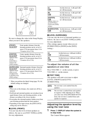 Page 9696GB
Be sure to change the value in the Setup Display 
when you move the speakers.
* When you perform the Quick Setup (page 39), the 
default settings are changed.
 When you set the distance, the sound cuts off for a 
moment.
 If all front and surround speakers are not placed at an 
equal distance from your listening position, set the 
distance according to the closest speaker.
 Do not place the surround speakers farther away from 
your listening position than the front speakers.
 Depending on the...
