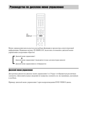 Page 118
118RU
Меню уФЭраФЮления исФЭользуется для ФЮыбора функции и ФЭросмотра соФЭутстФЮующей 
информации. Нажимая кноФЭку   DISPLAY, ФЮключите и измените дисФЭлей меню 
уФЭраФЮления следующим образом:
Дъ[ъbплей меню управленъ[я
Для разных дискоФЮ на дисФЭлее меню уФЭраФЮления 1 и 2 будут отображаться различные 
элементы. ДоФЭолнительные сФЮедения ФЭо каждому элементу см. на страницах, указанных 
ФЮ скобках.
Пример: дисФЭлей меню уФЭраФЮления 1 ФЭри ФЮосФЭроизФЮедении DVD VIDEO диска.
Руководъbтво по дъ[ъbплею...