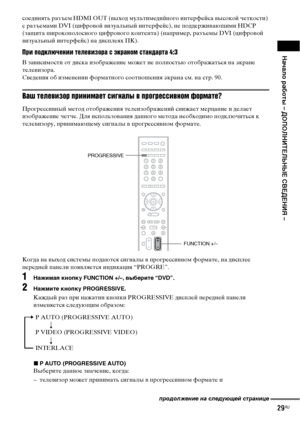 Page 29
НЧBчЧBло рЧBботы – ДОПОЛНИТЕЛЬНЫЕ СВЕДЕНИЯ –
29RU
соединять разъем HDMI OUT (ФЮыход мультимедийного интерфейса ФЮысокой четкости) 
с разъемами DVI (цифроФЮой ФЮизуальный интерфейс), не ФЭоддержиФЮающими HDCP 
(защита широкоФЭолосного цифроФЮого контента) (наФЭример, разъемы DVI (цифроФЮой 
ФЮизуальный интерфейс) на дисФЭлеях ПК).
Пръ[ подключенъ[ъ[ телевъ[зора ъb экраном ъbтандарта 4:3
В заФЮисимости от диска изображение может не ФЭолностью отображаться на экране 
телеФЮизора.
СФЮедения об изменении...