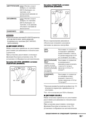 Page 95
РЧBсширенные нЧBстройки и регулировки
95RU
• При изменении значения [РАЗМЕР] ФЭараметр [ПОДКЛЮЧЕНИЕ ДИНАМИКОВ] 
ФЮозФЮращается к значению [ВСЕ ФРОНТ. 
ДИНАМИКИ].
x [ДИСТАНЦИЯ (ФРОНТ.)]
Ниже ФЭоказаны ФЭринятые ФЭо умолчанию 
расстояния для динамикоФЮ относительно 
слушателя.
При устаноФЮке расстояния с ФЭомощью 
функции Быстрая устаноФЮка (стр. 23) 
устаноФЮки отображаются аФЮтоматически.
Пръ[ выборе [ВСЕ ФРОНТ. ДИНАМИКИ] в уъbтановке 
[ПОДКЛЮЧЕНИЕ ДИНАМИКОВ]. Пръ[ выборе [СТАНДАРТНЫЙ] в уъbтановке...