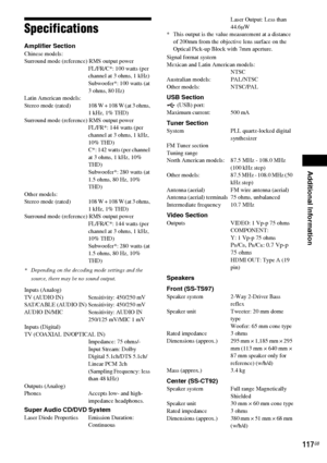 Page 117Additional Information
117GB
Specifications
Amplifier SectionChinese models:
Surround mode (reference) RMS output power
FL/FR/C*: 100 watts (per 
channel at 3 ohms, 1 kHz)
Subwoofer*: 100 watts (at 
3 ohms, 80 Hz)
Latin American models:
Stereo  mode  (rated) 108 W + 108 W (at 3 ohms, 
1 kHz, 1% THD)
Surround mode (reference) RMS output power
FL/FR*: 144 watts (per 
channel at 3 ohms, 1 kHz, 
10% THD)
C*: 142 watts (per channel 
at 3 ohms, 1 kHz, 10% 
THD)
Subwoofer*: 280 watts (at 
1.5 ohms, 80 Hz, 10%...