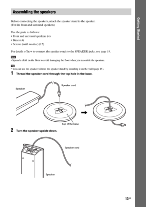 Page 1313GB
Getting Started
Before connecting the speakers, attach the speaker stand to the speaker.
(For the front and surround speakers)
Use the parts as follows:
 Front and surround speakers (4)
 Bases (4)
 Screws (with washer) (12)
For details of how to connect the speaker cords to the SPEAKER jacks, see page 19.
Note Spread a cloth on the floor to avoid damaging the floor when you assemble the speakers.
Tip You can use the speaker without the speaker stand by installing it on the wall (page 15).
1Thread...