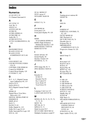 Page 133133GB
Index
Numerics
4:3 OUTPUT 59
5.1 Channel Surround 41
A
A/V SYNC 55
AAC file 71
ANGLE 41
AT T E N U AT E  9 8
AUDIO 58
AUDIO (HDMI) 61
AUDIO DRC 62
Audio file 71
AUDIO SETUP 61
AUTO CALIBRATION 61, 90, 
119
B
BACKGROUND 62
BLACK LEVEL 60
BLACK LEVEL 
(COMPONENT OUT) 60
C
COLD RESET 102
COLOR SYSTEM (VIDEO 
CD) 59
CONTROL FOR HDMI 60
Control for HDMI 68
Control Menu Display 129
CUSTOM 57, 102
D
D. C. A. C. (Digital Cinema 
Auto Calibration) 90, 119
DATA CD 53
DATA DVD 53
DCS (Digital Cinema Sound)...