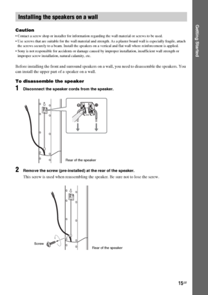 Page 1515GB
Getting Started
Caution
 Contact a screw shop or installer for information regarding the wall material or screws to be used.
 Use screws that are suitable for the wall material and strength. As a plaster board wall is especially fragile, attach 
the screws securely to a beam. Install the speakers on a vertical and flat wall where reinforcement is applied.
 Sony is not responsible for accidents or damage caused by improper installation, insufficient wall strength or 
improper screw installation,...