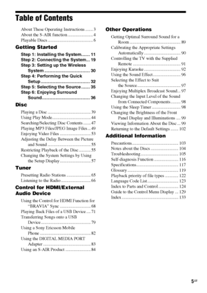 Page 55GB
Table of Contents
About These Operating Instructions ....... 3
About the S-AIR function ....................... 4
Playable Discs ......................................... 6
Getting Started
Step 1: Installing the System....... 11
Step 2: Connecting the System... 19
Step 3: Setting up the Wireless 
System ..................................... 30
Step 4: Performing the Quick 
Setup ........................................ 32
Step 5: Selecting the Source ....... 35
Step 6: Enjoying Surround...