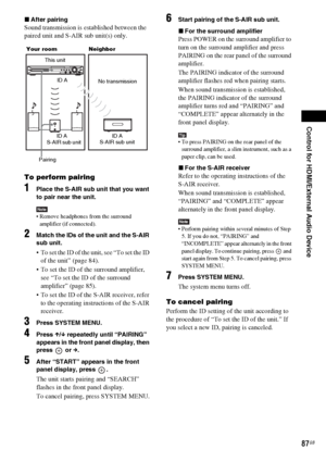 Page 87Control for HDMI/External Audio Device
87GB
xAfter pairing
Sound transmission is established between the 
paired unit and S-AIR sub unit(s) only.
To perform pairing
1Place the S-AIR sub unit that you want 
to pair near the unit.
Note Remove headphones from the surround 
amplifier (if connected).
2Match the IDs of the unit and the S-AIR 
sub unit.
 To set the ID of the unit, see “To set the ID 
of the unit” (page 84).
 To set the ID of the surround amplifier, 
see “To set the ID of the surround...