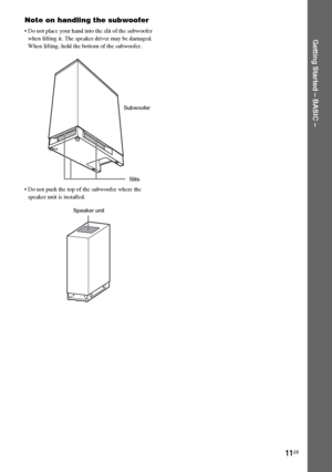 Page 11masterpage:Right
specdef v20060111 filename[G:\FM\Sony\0524\DAVIS10\3212589311\3212589311DAVIS10\gb04gsb.fm]
 model name [DAV-IS10]
 [3-212-589-31(1)]
11GB
Getting Started – BASIC –
Note on handling the subwoofer Do not place your hand into the slit of the subwoofer 
when lifting it. The speaker driver may be damaged. 
When lifting, hold the bottom of the subwoofer.
 Do not push the top of the subwoofer where the 
speaker unit is installed.
Slits Subwoofer
Speaker unit
 