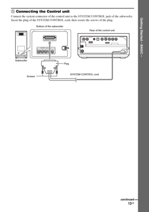 Page 13masterpage:Right
specdef v20060111 filename[G:\FM\Sony\0524\DAVIS10\3212589311\3212589311DAVIS10\gb04gsb.fm]
 model name [DAV-IS10]
 [3-212-589-31(1)]
13GB
Getting Started – BASIC –
1 Connecting the Control unitConnect the system connector of the control unit to the SYSTEM CONTROL jack of the subwoofer.
Insert the plug of the SYSTEM CONTROL cord, then secure the screws of the plug.
DMPORT
SYSTEM CONTROL  
ONLY FOR HCD-IS10
SPEAKER    
ONLY FOR SS-IS10
CENTER SUR L SUR R FRONT L FRONT R
Subwoofer
SYSTEM...
