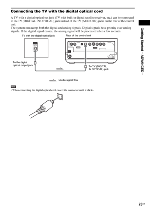 Page 23Getting Started – ADVANCED –
masterpage:Right
specdef v20060111 filename[G:\FM\Sony\0524\DAVIS10\3212589311\3212589311DAVIS10\gb05gsa.fm]
 model name [DAV-IS10]
 [3-212-589-31(1)]
23GB
Connecting the TV with the digital optical cordA TV with a digital optical out jack (TV with built-in digital satellite receiver, etc.) can be connected 
to the TV (DIGITAL IN OPTICAL) jack instead of the TV (AUDIO IN) jacks on the rear of the control 
unit.
The system can accept both the digital and analog signals....