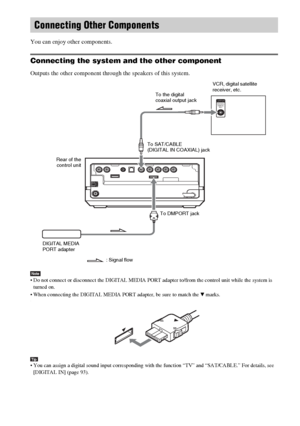 Page 24masterpage:Left
specdef v20060111 filename[G:\FM\Sony\0524\DAVIS10\3212589311\3212589311DAVIS10\gb05gsa.fm]
 model name [DAV-IS10]
 [3-212-589-31(1)]
24GB
 You can enjoy other components.Connecting the system and the other componentOutputs the other component through the speakers of this system.Note Do not connect or disconnect the DIGITAL MEDIA PORT adapter to/from the control unit while the system is 
turned on.
 When connecting the DIGITAL MEDIA PORT adapter, be sure to match the V marks..Tip You can...