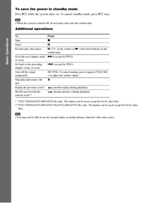 Page 32masterpage:Left
specdef v20060111 filename[G:\FM\Sony\0524\DAVIS10\3212589311\3212589311DAVIS10\gb06bas.fm]
 model name [DAV-IS10]
 [3-212-589-31(1)]
32
GB
Basic Operations
To save the power in standby modePress "/1 while the system turns on. To cancel standby mode, press "/1 once.Note When the system is turned off, do not push a disc into the control unit.Additional operations* DVD VIDEOs/DVD-RWs/DVD-Rs only. The button can be used except for DivX video files.
** DVD...