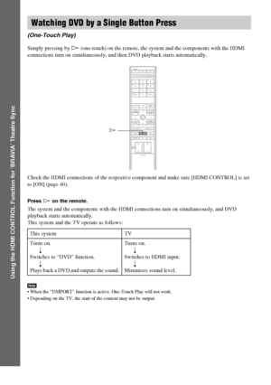 Page 42masterpage:Left
specdef v20060111 filename[G:\FM\Sony\0524\DAVIS10\3212589311\3212589311DAVIS10\gb08usi.fm]
 model name [DAV-IS10]
 [3-212-589-31(1)]
42
GB
Using the HDMI CONTROL Function for ‘BRAVIA’ Theatre Sync
Simply pressing by H (one-touch) on the remote, the system and the components with the HDMI 
connections turn on simultaneously, and then DVD playback starts automatically.
Check the HDMI connections of the respective component and make sure [HDMI CONTROL] is set 
to [ON] (page 40).Press H on...