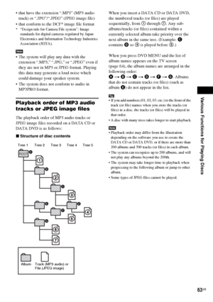 Page 63Various Functions for Playing Discs
masterpage:Right
specdef v20060111 filename[G:\FM\Sony\0524\DAVIS10\3212589311\3212589311DAVIS10\gb09pla.fm]
 model name [DAV-IS10]
 [3-212-589-31(1)]
63GB
 that have the extension “.MP3” (MP3 audio 
track) or “.JPG”/“.JPEG” (JPEG image file)
 that conform to the DCF* image file format* “Design rule for Camera File system”: Image 
standards for digital cameras regulated by Japan 
Electronics and Information Technology Industries 
Association (JEITA).Note The system...