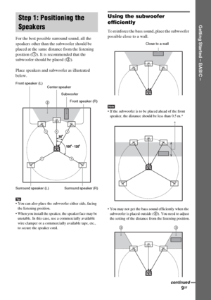 Page 9masterpage:Right
specdef v20060111 filename[G:\FM\Sony\0524\DAVIS10\3212589311\3212589311DAVIS10\gb04gsb.fm]
 model name [DAV-IS10]
 [3-212-589-31(1)]
9GB
Getting Started – BASIC –
For the best possible surround sound, all the 
speakers other than the subwoofer should be 
placed at the same distance from the listening 
position (1). It is recommended that the 
subwoofer should be placed (2).
Place speakers and subwoofer as illustrated 
below.Tip You can also place the subwoofer either side, facing 
the...