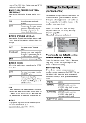 Page 94masterpage:Left
specdef v20060111 filename[G:\FM\Sony\0524\DAVIS10\3212589311\3212589311DAVIS10\gb12adv.fm]
 model name [DAV-IS10]
 [3-212-589-31(1)]
94GB
selects PCM, DTS, Dolby Digital sound, and MPEG 
audio tracks in this order.x[MULTI-DISC RESUME] (DVD VIDEO/
VIDEO CD only)Switches the Multi-disc Resume setting on or 
off.x[AUDIO DRC] (DVD VIDEO only)Narrows the dynamic range of the sound track.
Useful for watching movies at low volume late 
at night.x[AUDIO (HDMI)]Selects the audio output status...