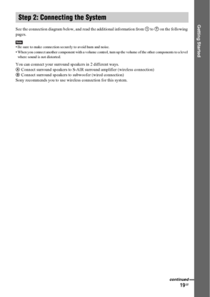 Page 1919GB
Getting Started
See the connection diagram below, and read the additional information from 1 to 7 on the following 
pages.
Note• Be sure to make connection securely to avoid hum and noise.
• When you connect another component with a volume control, turn up the volume of the other components to a level 
where sound is not distorted.
You can connect your surround speakers in 2 different ways.
AConnect surround speakers to S-AIR surround amplifier (wireless connection)
BConnect surround speakers to...