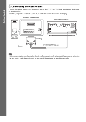 Page 2222GB
Getting Started
1 Connecting the Control unit
Connect the system connector of the control unit to the SYSTEM CONTROL terminal on the bottom 
of the subwoofer.
Insert the plug of the SYSTEM CONTROL cord, then secure the screws of the plug.
Note• Before connecting the control unit, place the subwoofer on a stable work surface that is larger than the subwoofer.
• Be sure to place a soft cloth on the work surface to avoid damaging the surface of the subwoofer.
SYSTEM CONTROL  ONLY FOR HCD-IS50
SPEAKER...