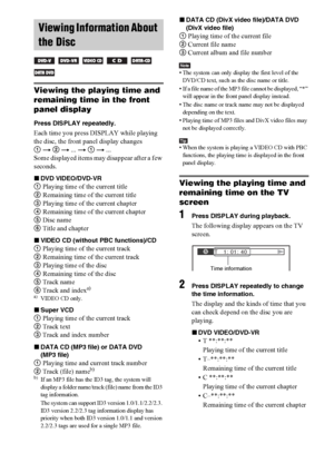 Page 5252GB
Viewing the playing time and 
remaining time in the front 
panel display
Press DISPLAY repeatedly.
Each time you press DISPLAY while playing 
the disc, the front panel display changes
1 t 2 t ... t 1 t ...
Some displayed items may disappear after a few 
seconds.
xDVD VIDEO/DVD-VR
1 Playing time of the current title
2 Remaining time of the current title
3 Playing time of the current chapter
4 Remaining time of the current chapter
5 Disc name
6 Title and chapter
xVIDEO CD (without PBC functions)/CD
1...