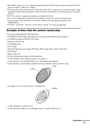 Page 77GB 1)
MP3 (MPEG 1 Audio Layer 3) is a standard format defined by ISO/MPEG which compresses audio data. MP3 files 
must be in MPEG 1 Audio Layer 3 format.
2)JPEG image files must conform to the DCF image file format. (DCF “Design rule for Camera File system”: Image 
standards for digital cameras regulated by Japan Electronics and Information Technology Industries Association 
(JEITA)).
3)DivX® is a video file compression technology, developed by DivX, Inc.4)DivX, DivX Certified and associated logos are...