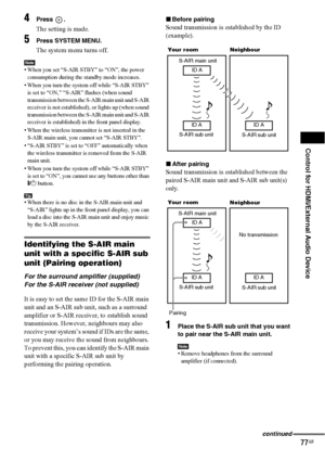 Page 77Control for HDMI/External Audio Device
77GB
4Press .
The setting is made.
5Press SYSTEM MENU.
The system menu turns off.
Note• When you set “S-AIR STBY” to “ON”, the power 
consumption during the standby mode increases.
• When you turn the system off while “S-AIR STBY” 
is set to “ON,” “S-AIR” flashes (when sound 
transmission between the S-AIR main unit and S-AIR 
receiver is not established), or lights up (when sound 
transmission between the S-AIR main unit and S-AIR 
receiver is established) in the...