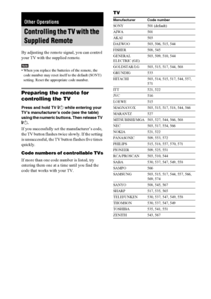Page 8080GB
By adjusting the remote signal, you can control 
your TV with the supplied remote.
Note• When you replace the batteries of the remote, the 
code number may reset itself to the default (SONY) 
setting. Reset the appropriate code number.
Preparing the remote for 
controlling the TV
Press and hold TV [/1 while entering your 
TV’s manufacturer’s code (see the table) 
using the numeric buttons. Then release TV 
[/1.
If you successfully set the manufacturer’s code, 
the TV button flashes twice slowly. If...
