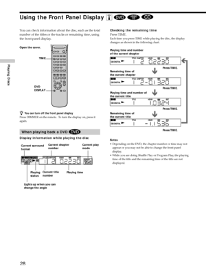 Page 2828
Playing Discs
Checking the remaining time
Press TIME.
Each time you press TIME while playing the disc, the display
changes as shown in the following chart.
Notes
¥ Depending on the DVD, the chapter number or time may not
appear or you may not be able to change the front panel
display.
¥ While you are doing Shuffle Play or Program Play, the playing
time of the title and the remaining time of the title are not
displayed. Remaining time of
the current title Playing time and number of
the current title...