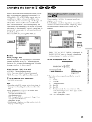 Page 3535
Using Various Functions with the Control Menu
DOLBY DIGITAL  3 / 2. 1
Displaying the audio information of the
disc 
When you select ÒAUDIO,Ó the playing channels are
displayed on the screen.
In Dolby Digital format, the signals from monaural to 5.1
channels can be recorded on a DVD.  Depending on the
DVD the number of the recorded channels may be
different.
 * ÒPCM,Ò ÒDTSÓ or ÒDOLBY DIGITALÒ is displayed.  In
ÒDOLBY DIGITALÓ case, the channels in the playing
track are displayed by number as follows:...