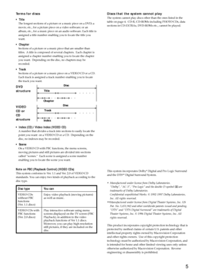 Page 55
Terms for discs
¥ Title
The longest sections of a picture or a music piece on a DVD; a
movie, etc., for a picture piece on a video software; or an
album, etc., for a music piece on an audio software. Each title is
assigned a title number enabling you to locate the title you
want.
¥ Chapter
Sections of a picture or a music piece that are smaller than
titles.  A title is composed of several chapters.  Each chapter is
assigned a chapter number enabling you to locate the chapter
you want.  Depending on the...